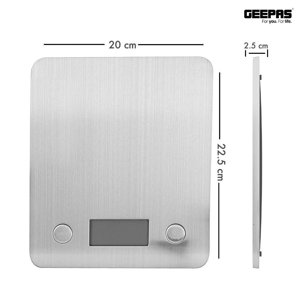 Geepas Digital Kitchen Scale – White, Stainless Steel Top, LCD Display, Tare Function, Multi-Unit Conversion (g, ml, lb:oz, fl.oz), Compact Food Scale for Cooking & Baking - GKS46507UK - Damoo