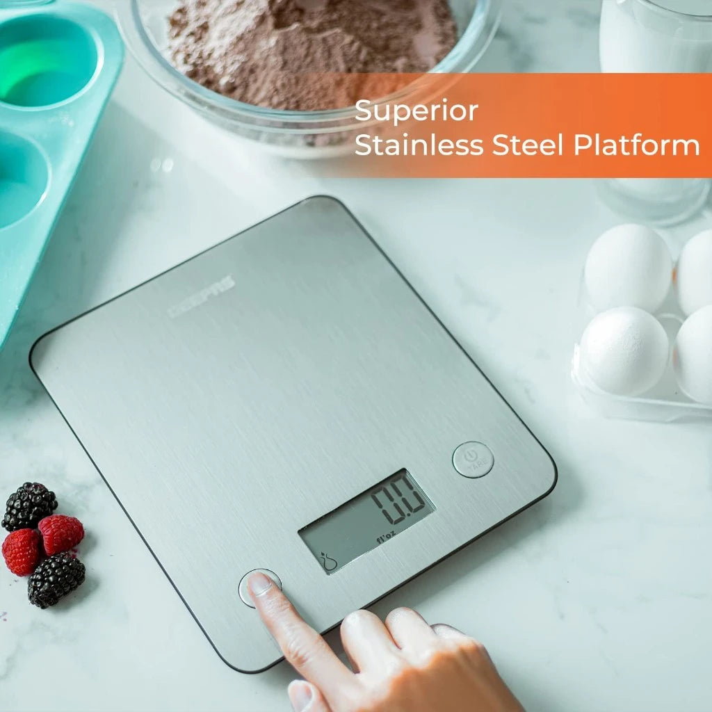 Geepas Digital Kitchen Scale – White, Stainless Steel Top, LCD Display, Tare Function, Multi-Unit Conversion (g, ml, lb:oz, fl.oz), Compact Food Scale for Cooking & Baking - GKS46507UK - Damoo