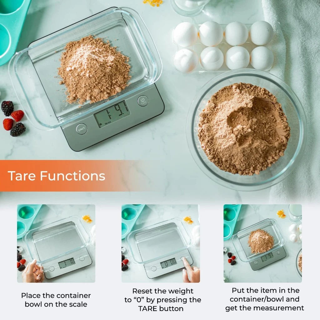 Geepas Digital Kitchen Scale – White, Stainless Steel Top, LCD Display, Tare Function, Multi-Unit Conversion (g, ml, lb:oz, fl.oz), Compact Food Scale for Cooking & Baking - GKS46507UK - Damoo