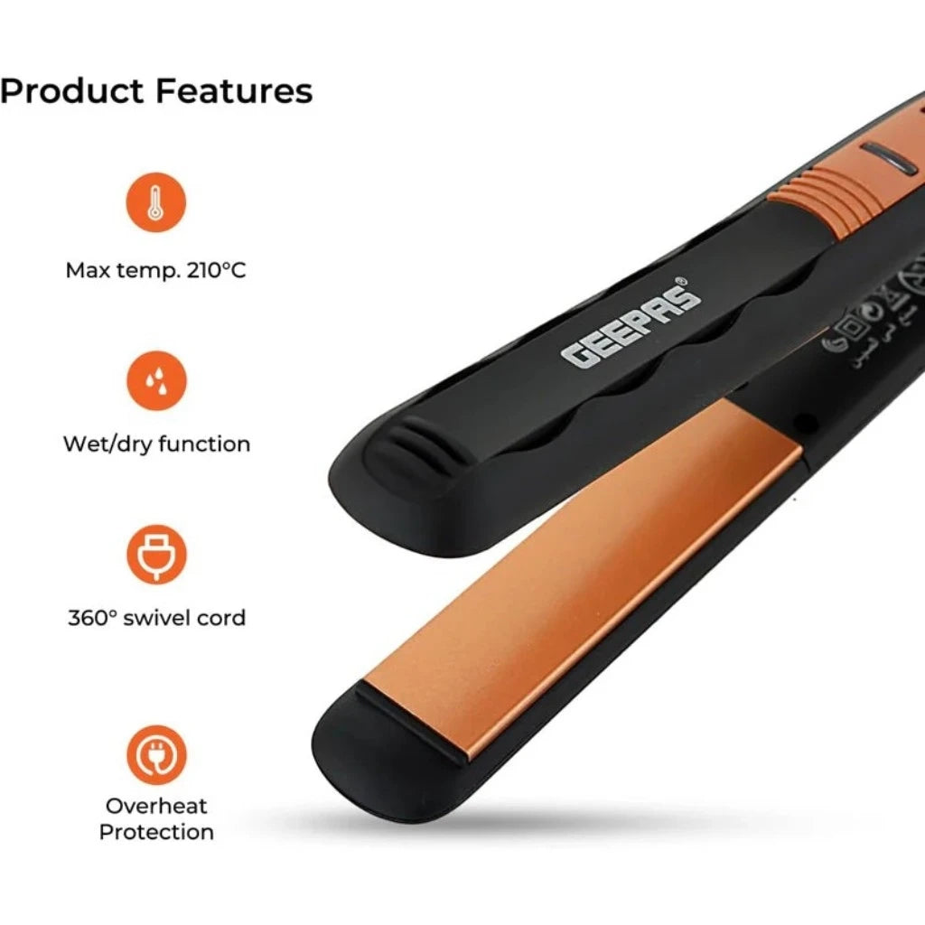 Geepas Easy Pro-Slim Hair Straightener – 15-Second Heat Up, Max 230°C, Ceramic Coated Plates, Adjustable Temperature, Lockable Handle, 360° Swivel Cord, LED Indicator, 35W, Gold & Black – GH8723 - Damoo