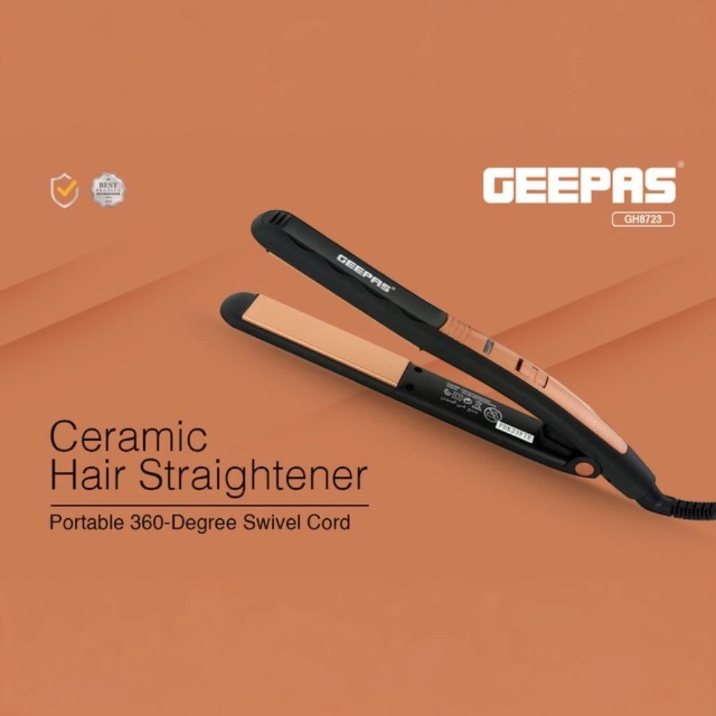 Geepas Easy Pro-Slim Hair Straightener – 15-Second Heat Up, Max 230°C, Ceramic Coated Plates, Adjustable Temperature, Lockable Handle, 360° Swivel Cord, LED Indicator, 35W, Gold & Black – GH8723 - Damoo