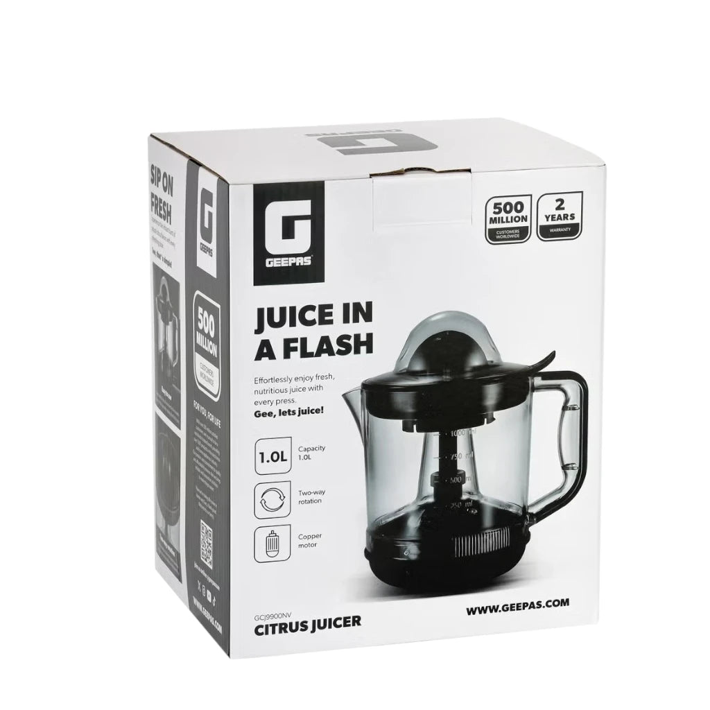 Geepas Electric Citrus Juicer 1L – Dual-Rotation Orange & Lemon Juicer with 25W Durable Copper Motor, Non-Slip Feet, Clear Jug for Easy Monitoring – GCJ9900NV Clear/Black - Damoo
