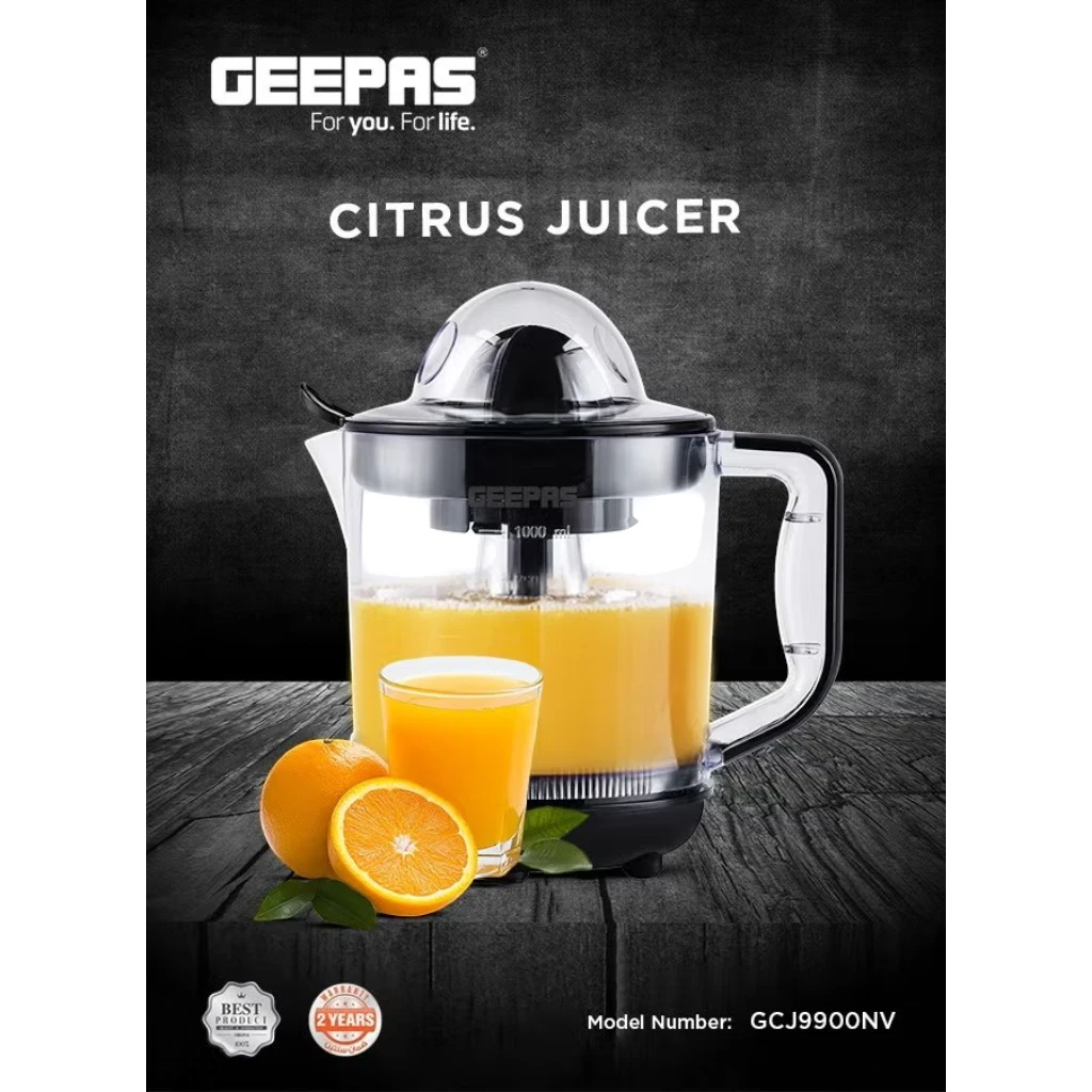 Geepas Electric Citrus Juicer 1L – Dual-Rotation Orange & Lemon Juicer with 25W Durable Copper Motor, Non-Slip Feet, Clear Jug for Easy Monitoring – GCJ9900NV Clear/Black - Damoo