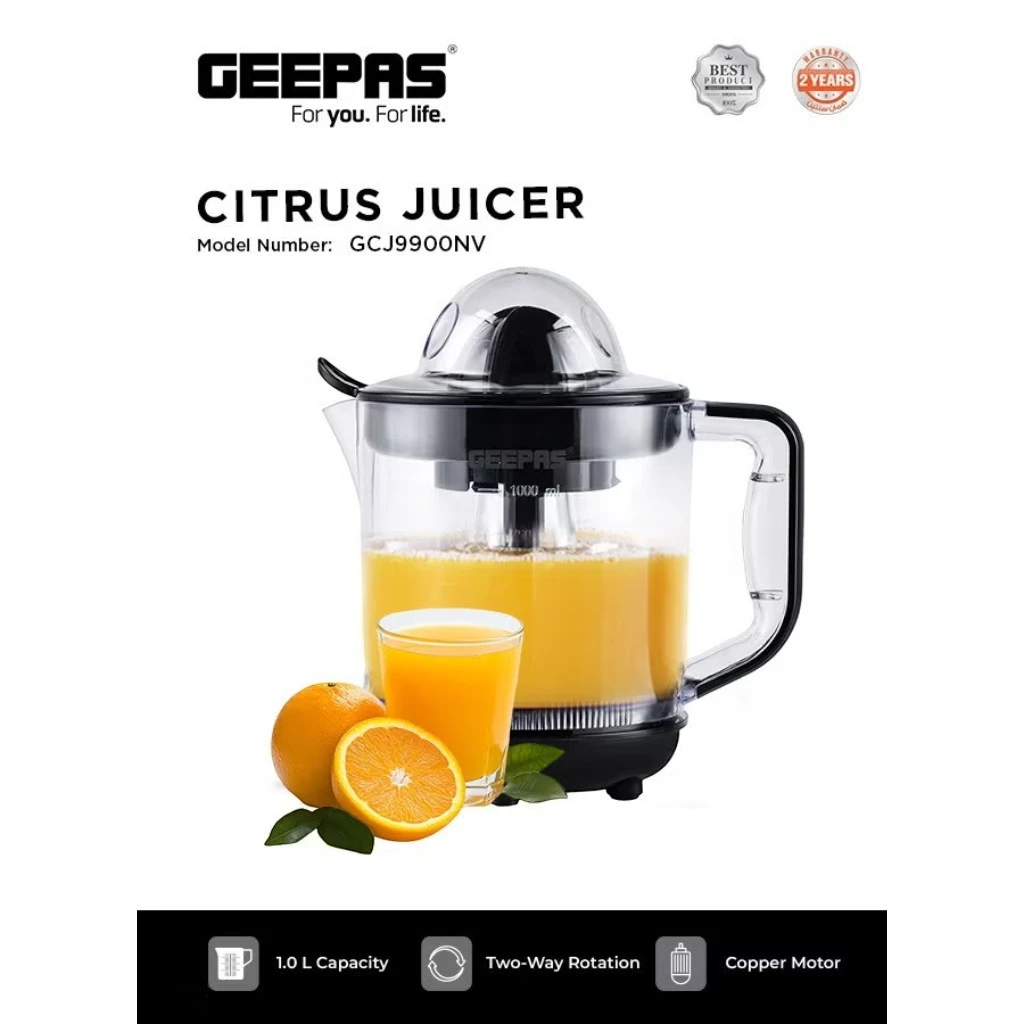 Geepas Electric Citrus Juicer 1L – Dual-Rotation Orange & Lemon Juicer with 25W Durable Copper Motor, Non-Slip Feet, Clear Jug for Easy Monitoring – GCJ9900NV Clear/Black - Damoo