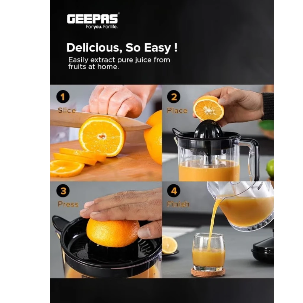 Geepas Electric Citrus Juicer 1L – Dual-Rotation Orange & Lemon Juicer with 25W Durable Copper Motor, Non-Slip Feet, Clear Jug for Easy Monitoring – GCJ9900NV Clear/Black - Damoo