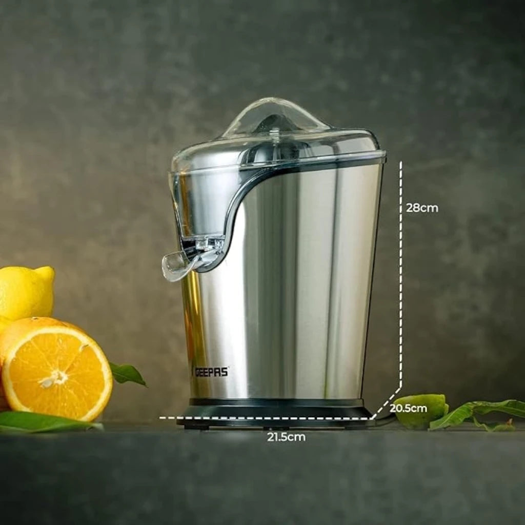 Geepas Electric Citrus Juicer – Stainless Steel Orange & Lemon Juicer with Anti-Drip Spout, Dishwasher-Safe Parts, Quiet Motor, 100W , Compact Design for Freshly Squeezed Fruit Juice – GCJ46013UK – Silver - Damoo