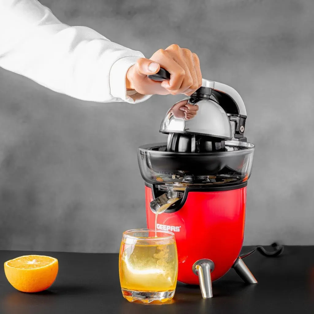 Geepas Electric Citrus Juicer – Stainless Steel Orange, Lemon & Lime Juicer with Anti-Drip Spout, Quiet Motor, Whole Fruit Processing, 100 W , 1L Capacity, Easy to Clean, Compact Design – GCJ46021 – Red - Damoo