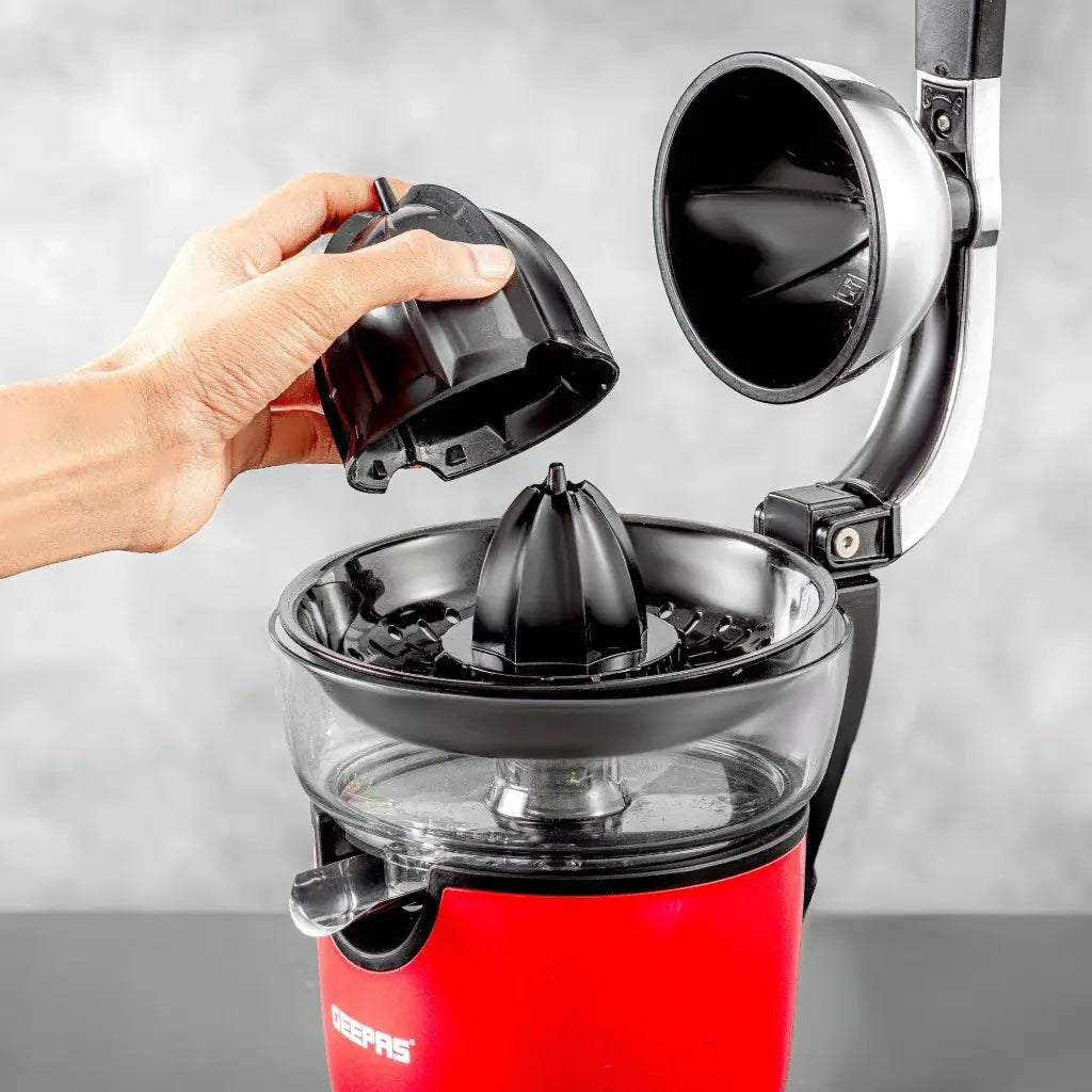 Geepas Electric Citrus Juicer – Stainless Steel Orange, Lemon & Lime Juicer with Anti-Drip Spout, Quiet Motor, Whole Fruit Processing, 100 W , 1L Capacity, Easy to Clean, Compact Design – GCJ46021 – Red - Damoo