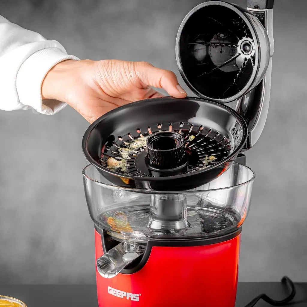 Geepas Electric Citrus Juicer – Stainless Steel Orange, Lemon & Lime Juicer with Anti-Drip Spout, Quiet Motor, Whole Fruit Processing, 100 W , 1L Capacity, Easy to Clean, Compact Design – GCJ46021 – Red - Damoo