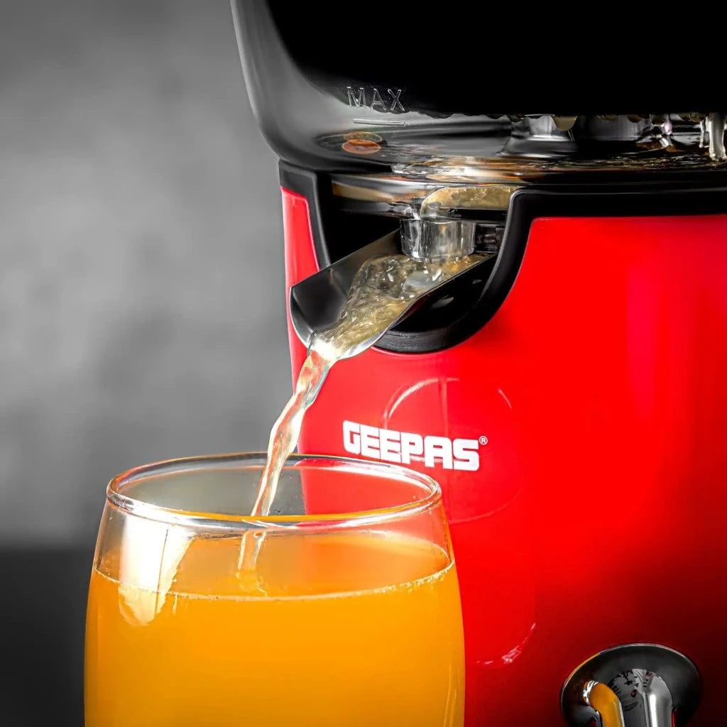 Geepas Electric Citrus Juicer – Stainless Steel Orange, Lemon & Lime Juicer with Anti-Drip Spout, Quiet Motor, Whole Fruit Processing, 100 W , 1L Capacity, Easy to Clean, Compact Design – GCJ46021 – Red - Damoo