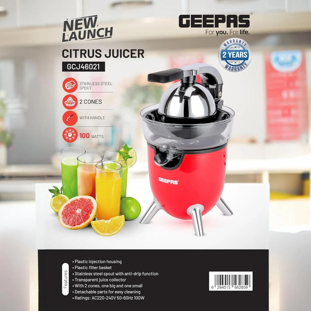 Geepas Electric Citrus Juicer – Stainless Steel Orange, Lemon & Lime Juicer with Anti-Drip Spout, Quiet Motor, Whole Fruit Processing, 100 W , 1L Capacity, Easy to Clean, Compact Design – GCJ46021 – Red - Damoo