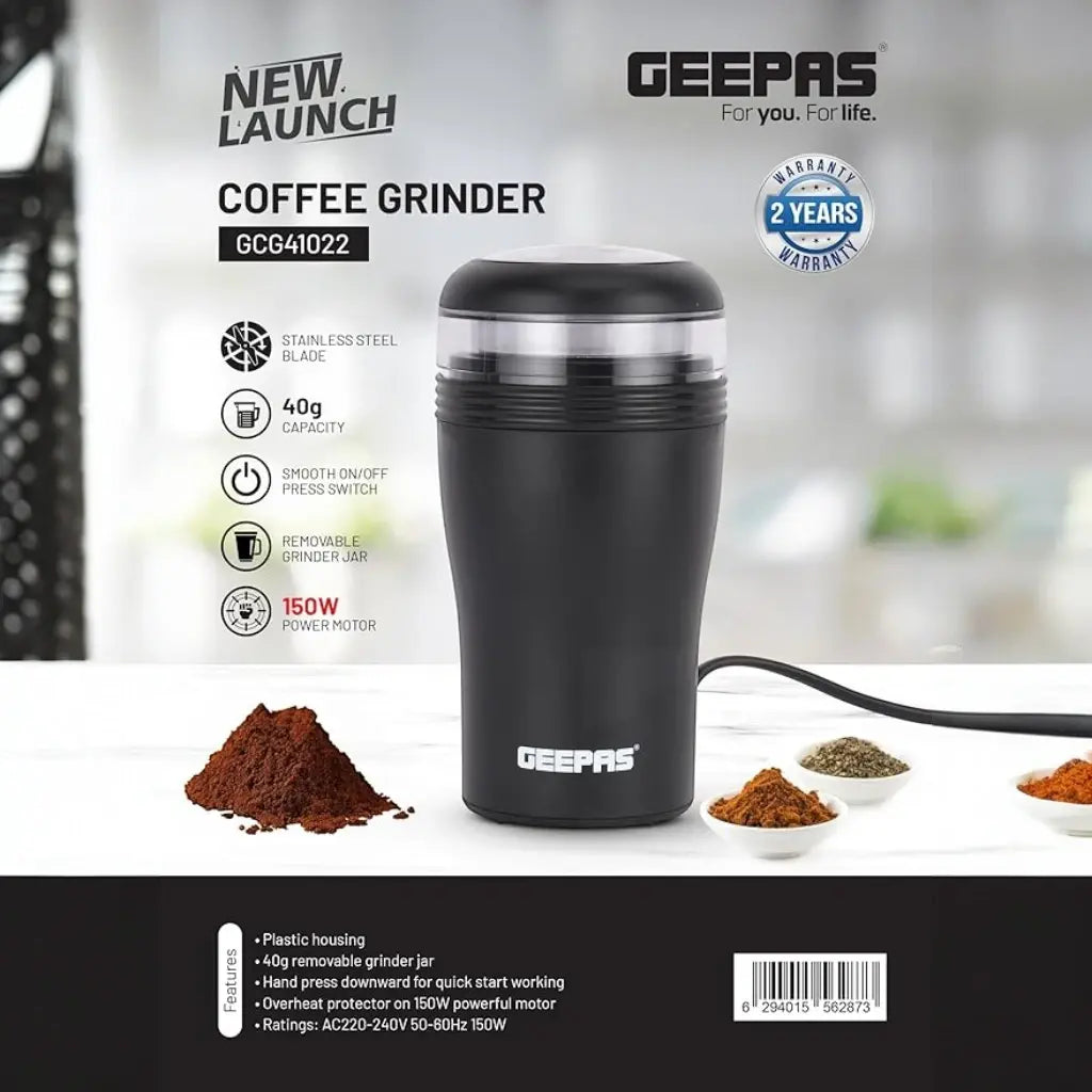 Geepas Electric Coffee Grinder – 150W Motor with Overheat Protection, Stainless Steel Blades, 40g Capacity | Compact Bean Grinder for Coffee, Spices, Nuts & Seed – GCG41022 - Damoo