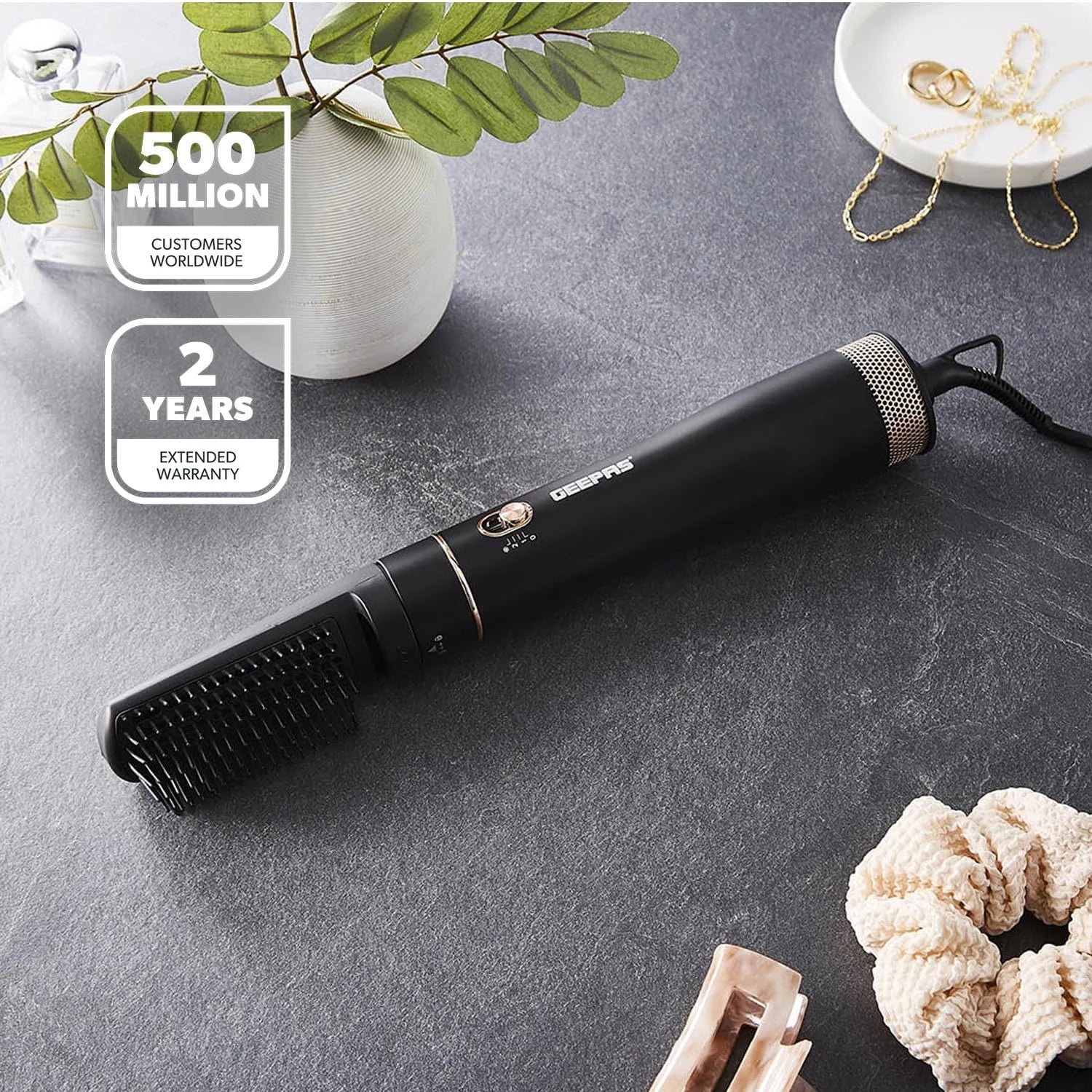 Geepas GH86064 Ceramic Hair Styler for Men & Women – 1100W Hot Air Brush with Cool Shot, 2 Heat Settings, Overheat Protection, Built-In Comb & J Attachment – Black - Damoo