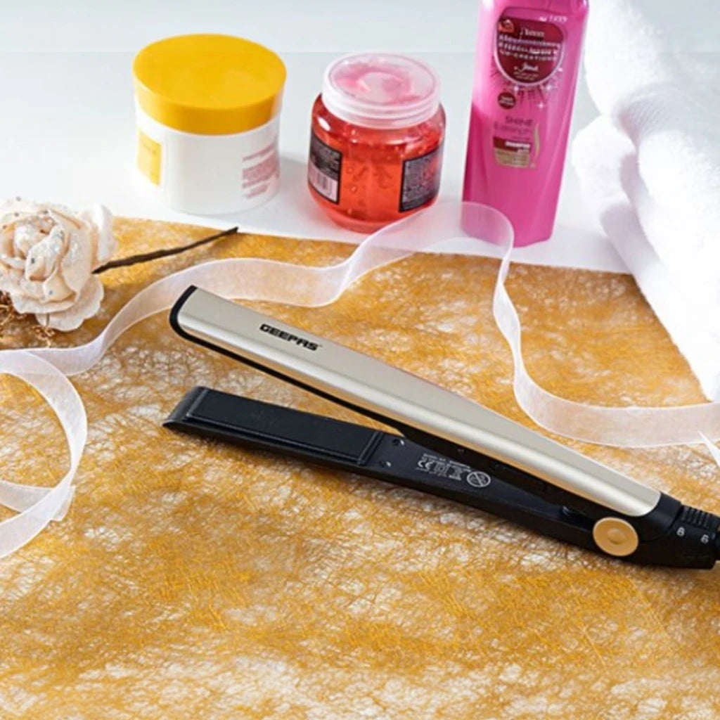 Geepas Go Silky Hair Straightener – 28W, Ceramic Coated Plates, 200°C Max Temperature, PTC Heater, LED Indicator, 360° Swivel Cord, Lockable Handle, Hanging Loop, Gold/Black – GHS86016 - Damoo