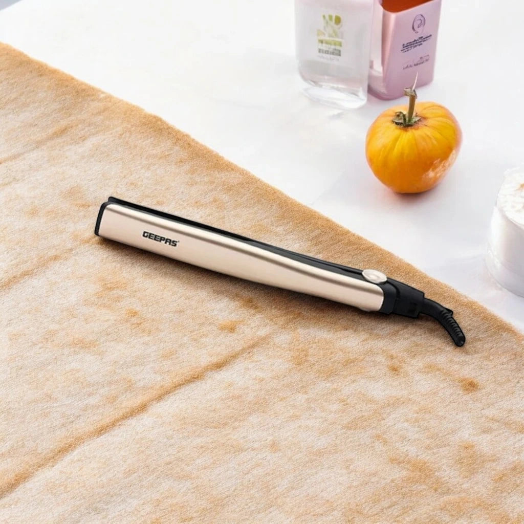Geepas Go Silky Hair Straightener – 28W, Ceramic Coated Plates, 200°C Max Temperature, PTC Heater, LED Indicator, 360° Swivel Cord, Lockable Handle, Hanging Loop, Gold/Black – GHS86016 - Damoo