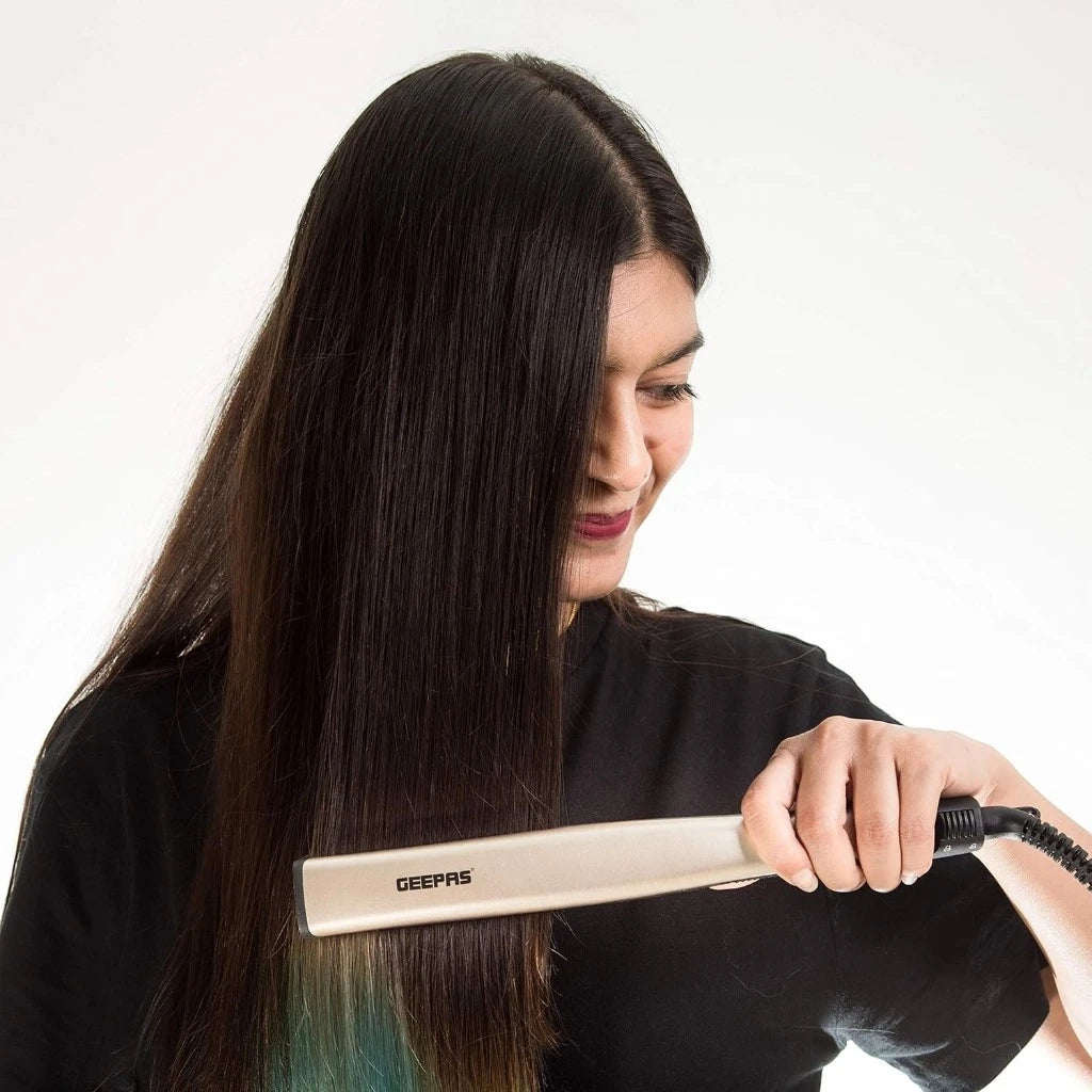 Geepas Go Silky Hair Straightener – 28W, Ceramic Coated Plates, 200°C Max Temperature, PTC Heater, LED Indicator, 360° Swivel Cord, Lockable Handle, Hanging Loop, Gold/Black – GHS86016 - Damoo