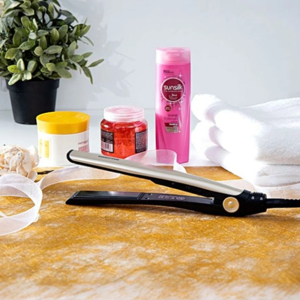 Geepas Go Silky Hair Straightener – 28W, Ceramic Coated Plates, 200°C Max Temperature, PTC Heater, LED Indicator, 360° Swivel Cord, Lockable Handle, Hanging Loop, Gold/Black – GHS86016 - Damoo