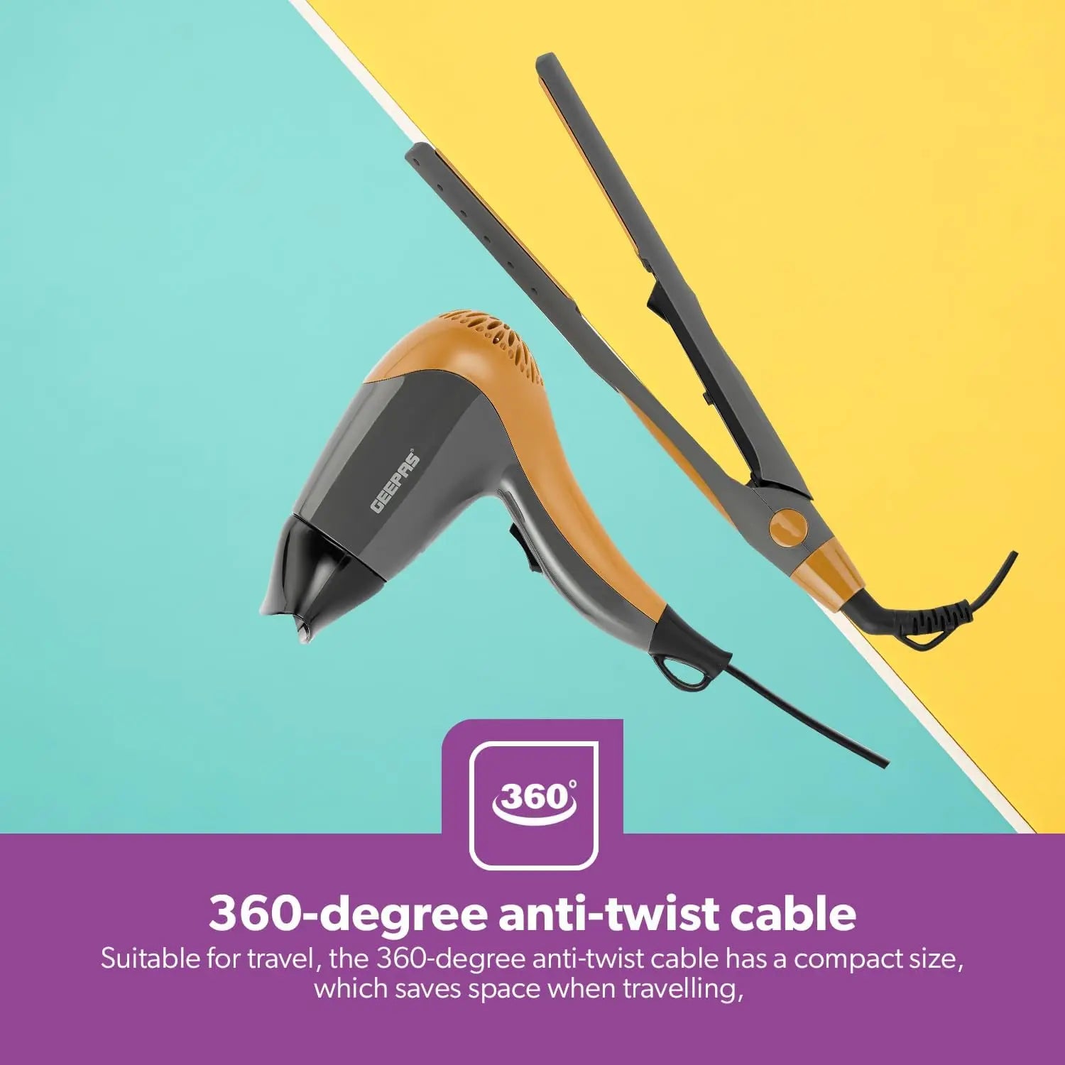 Geepas Hair Dryer & Straightener Combo β 2200W Powerful Hair Dryer with Cool Shot, 2 Speed/Temperature Settings & 35W Ceramic Straightener for Smooth, Frizz-Free Styling β Black & Gold | GHF86074 - Damoo