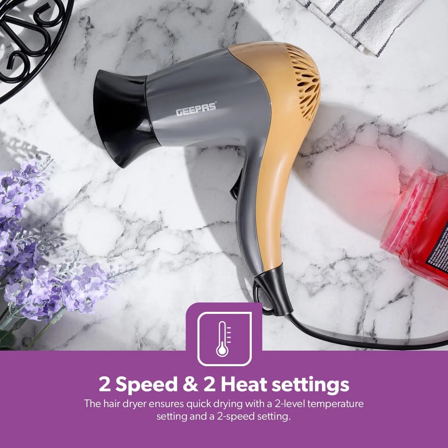 Geepas Hair Dryer & Straightener Combo β 2200W Powerful Hair Dryer with Cool Shot, 2 Speed/Temperature Settings & 35W Ceramic Straightener for Smooth, Frizz-Free Styling β Black & Gold | GHF86074 - Damoo