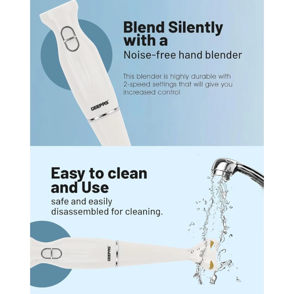 Geepas Hand Blender 200W with 2-Speed Control, Stainless Steel Blade & Detachable Stick | Low Noise Motor | Ideal for Smoothies, Baby Food & Milkshakes – GHB6143 - Damoo