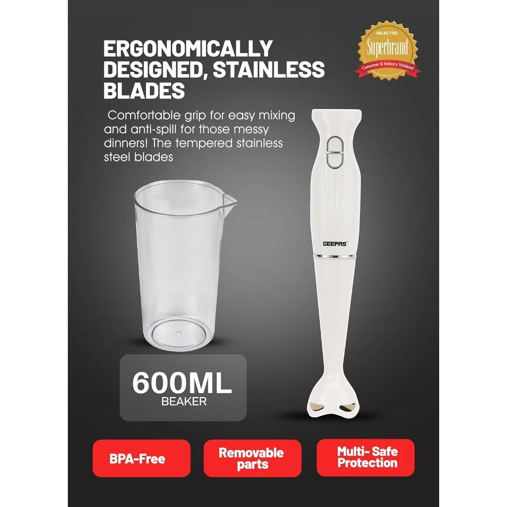 Geepas Hand Blender 200W with 2-Speed Control, Stainless Steel Blade & Detachable Stick | Low Noise Motor | Ideal for Smoothies, Baby Food & Milkshakes – GHB6143 - Damoo