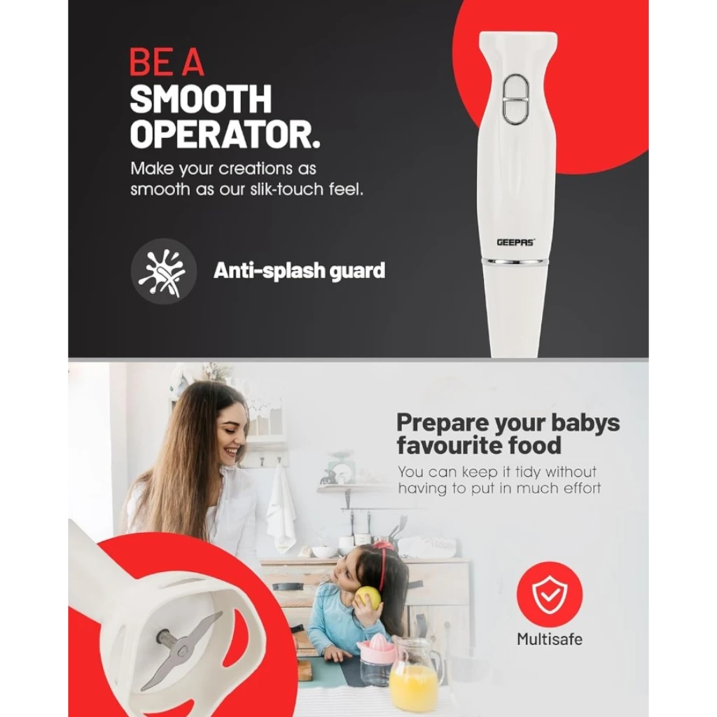 Geepas Hand Blender 200W with 2-Speed Control, Stainless Steel Blade & Detachable Stick | Low Noise Motor | Ideal for Smoothies, Baby Food & Milkshakes – GHB6143 - Damoo