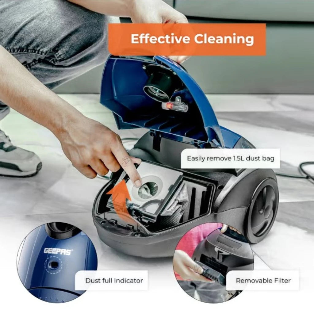 Geepas Handheld & Stick Vacuum Cleaner | 1.5L Capacity, Cyclonic Filtration, 1400W , Dust Full Indicator, Low Noise | Lightweight & Compact, Corded Electric for All Floors - GVC2595 - Damoo