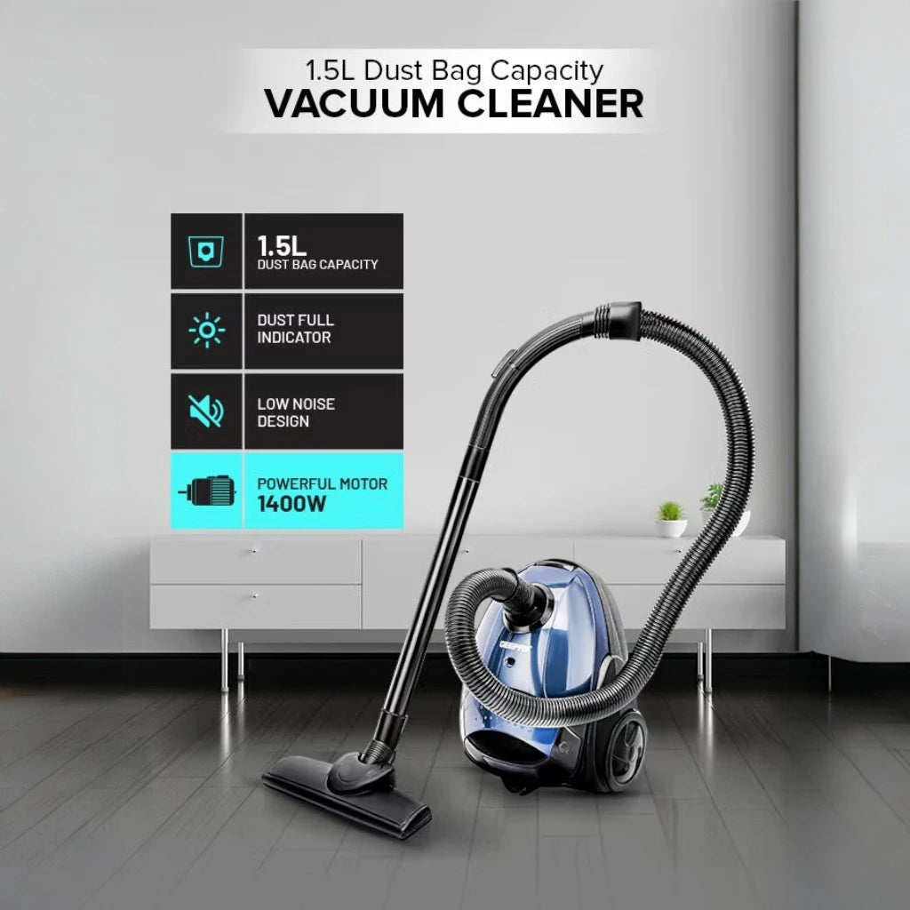 Geepas Handheld & Stick Vacuum Cleaner | 1.5L Capacity, Cyclonic Filtration, 1400W , Dust Full Indicator, Low Noise | Lightweight & Compact, Corded Electric for All Floors - GVC2595 - Damoo
