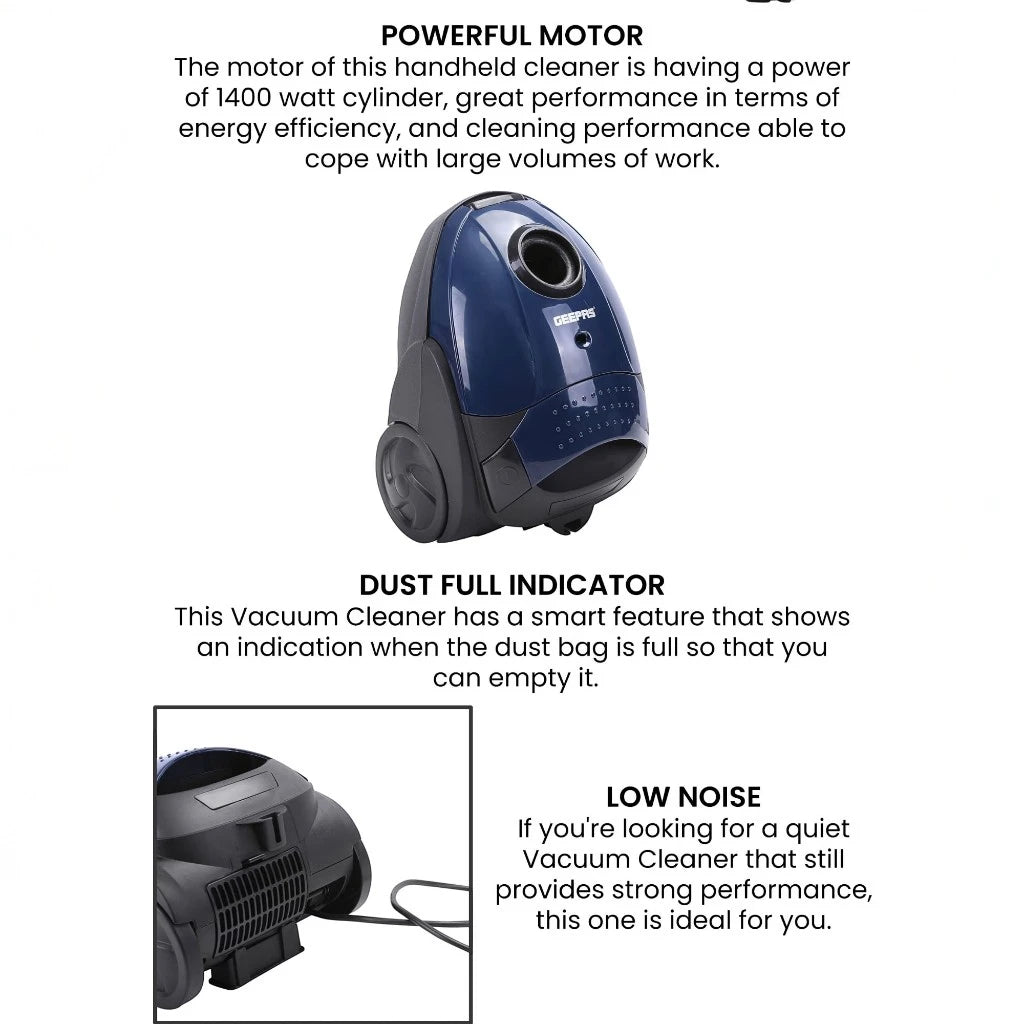 Geepas Handheld & Stick Vacuum Cleaner | 1.5L Capacity, Cyclonic Filtration, 1400W , Dust Full Indicator, Low Noise | Lightweight & Compact, Corded Electric for All Floors - GVC2595 - Damoo