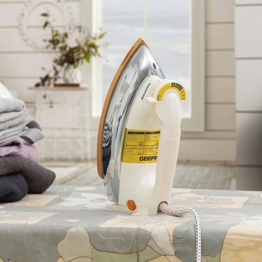 Geepas Heavy Weight Dry Iron – 1200W, 2.5 kg, Non-Stick Teflon Soleplate, Temperature Control, Overheat Protection, Fabric Guide, Shock-Resistant Handle – White & Gold - GDI23011 - Damoo