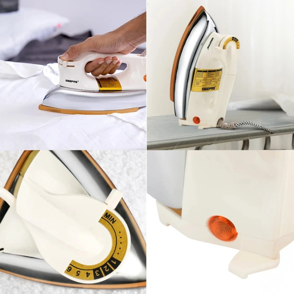 Geepas Heavy Weight Dry Iron – 1200W, 2.5 kg, Non-Stick Teflon Soleplate, Temperature Control, Overheat Protection, Fabric Guide, Shock-Resistant Handle – White & Gold - GDI23011 - Damoo