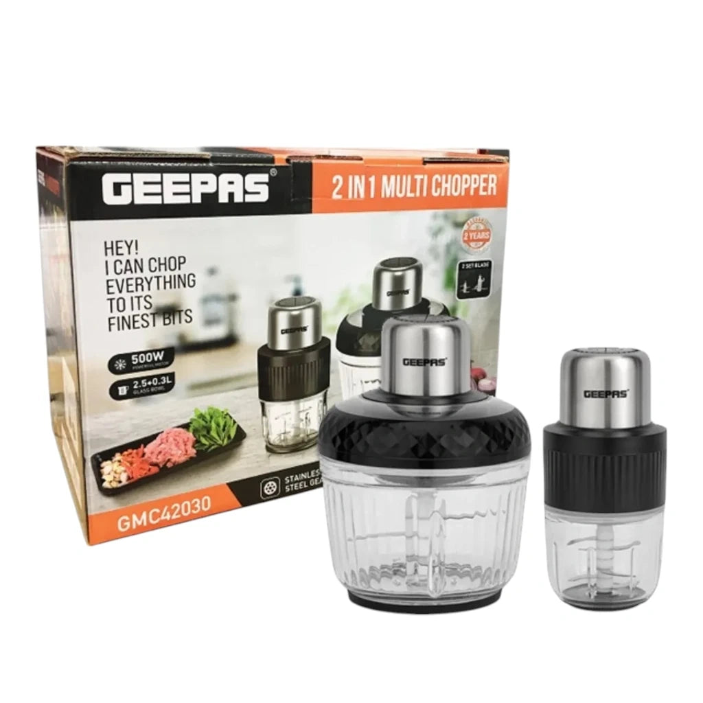 Geepas Multi Chopper 1 Machine – 2.5L 500W Electric Food Chopper with Stainless Steel Housing, Cutter Gear & Mincing Function | Heavy-Duty Vegetable, Fruit & Meat Grinder – Black & Silver (GMC42030) - Damoo