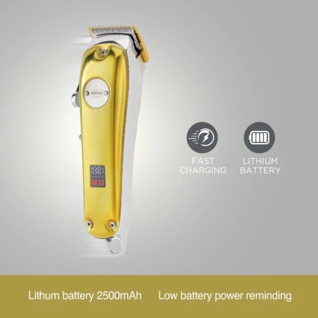 Geepas Professional Digital Hair Clipper – LCD Display, Cordless, 4 Adjustable Blades & Combs, 2500mAh Rechargeable Battery, Gold Finish - GTR57502 - Damoo