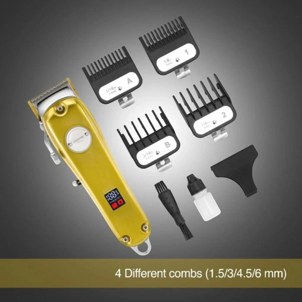 Geepas Professional Digital Hair Clipper – LCD Display, Cordless, 4 Adjustable Blades & Combs, 2500mAh Rechargeable Battery, Gold Finish - GTR57502 - Damoo