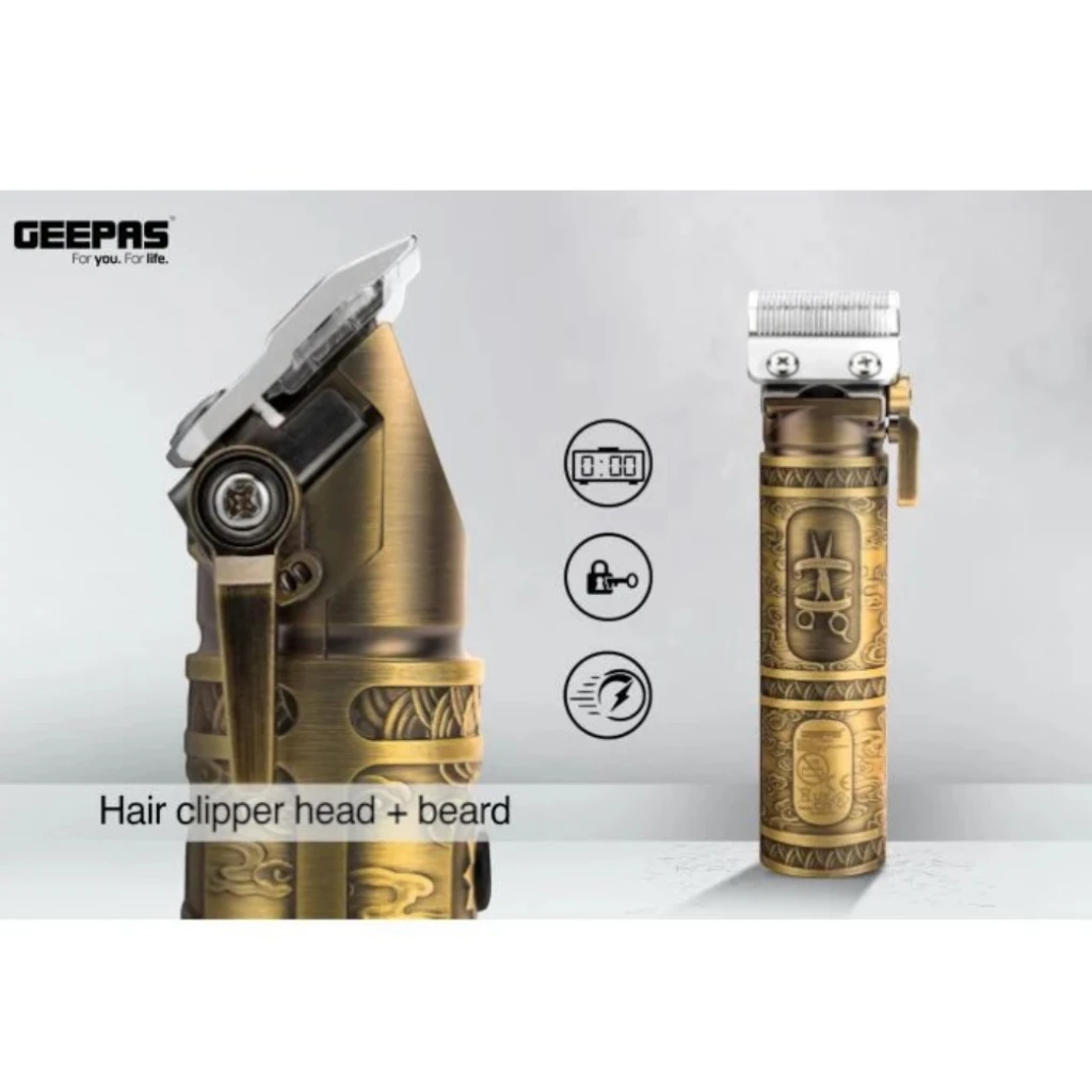 Geepas Professional Hair & Beard Clipper – Corded/Cordless, Fast Charging, 200 Minutes Runtime, 6 Guide Combs, LED Display, Gold Finish, 3.7V Motor - GTR56030 - Damoo