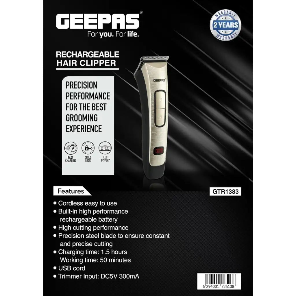 Geepas Rechargeable Cordless Hair & Beard Clipper – Precision Steel Blade, LED Display, Child Lock, 4 Comb Attachments, 50-Min Runtime, 1.5-Hour Fast Charge - GTR1383 - Damoo