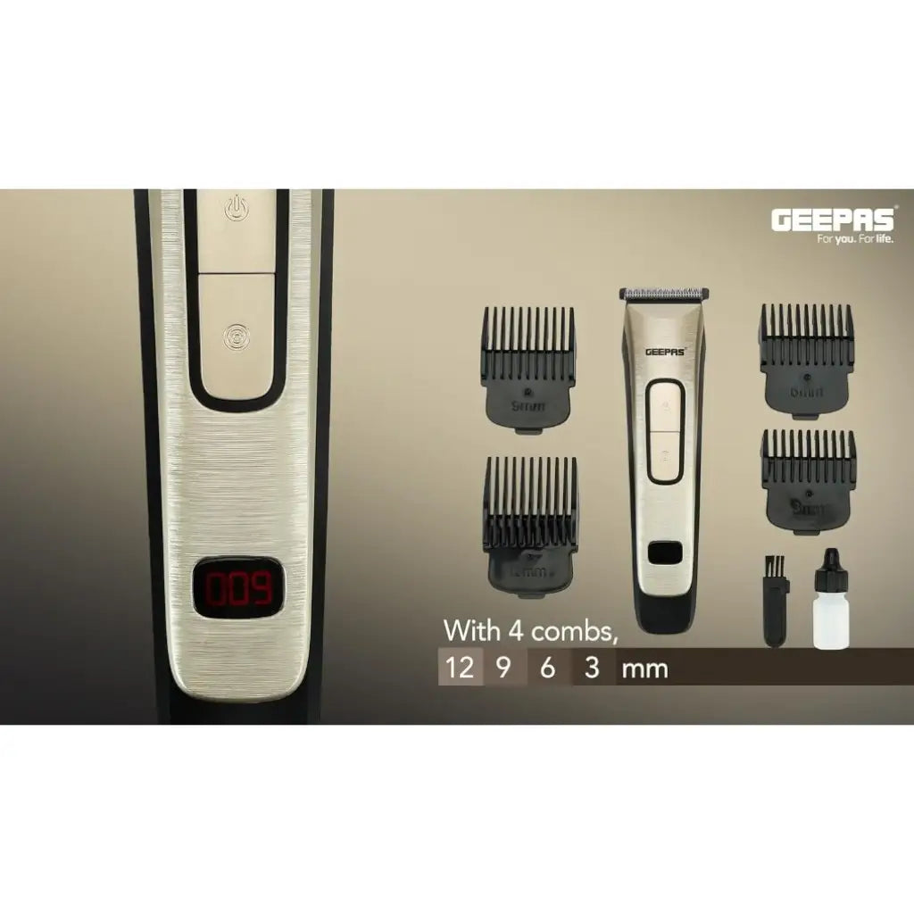 Geepas Rechargeable Cordless Hair & Beard Clipper – Precision Steel Blade, LED Display, Child Lock, 4 Comb Attachments, 50-Min Runtime, 1.5-Hour Fast Charge - GTR1383 - Damoo