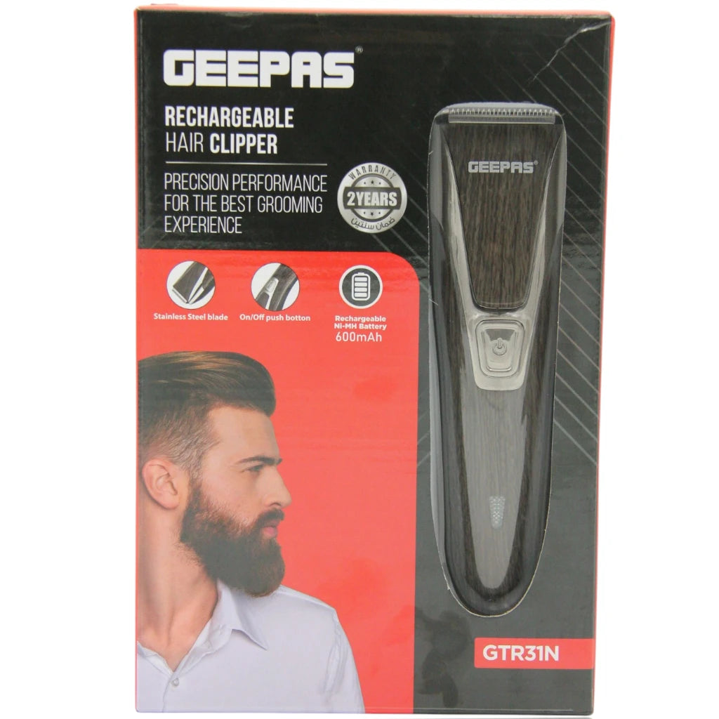 Geepas Rechargeable Cordless Hair Trimmer GTR31N for Men – Beard, Hair & Mustache Clipper with Adjustable Lengths, Stainless Steel Blade & LED Indicator – Portable Grooming Kit - Damoo