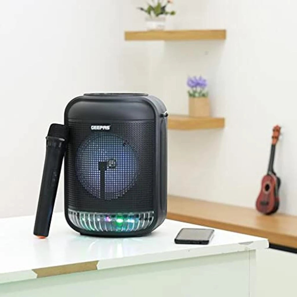 Geepas Rechargeable Portable Bluetooth Speaker – 1800mAh Battery, Dual Bass Speakers, TWS Function, FM/USB/AUX/BT/Micro SD Support, with Karaoke Mic & LED Lights - Damoo