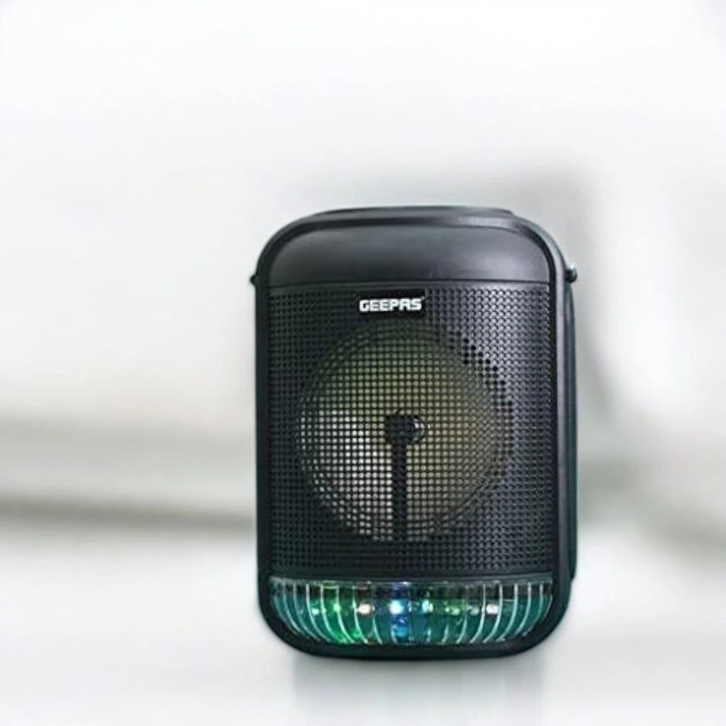 Geepas Rechargeable Portable Bluetooth Speaker – 1800mAh Battery, Dual Bass Speakers, TWS Function, FM/USB/AUX/BT/Micro SD Support, with Karaoke Mic & LED Lights - Damoo