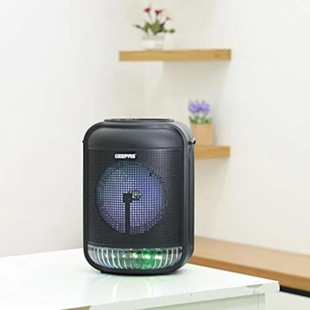 Geepas Rechargeable Portable Bluetooth Speaker – 1800mAh Battery, Dual Bass Speakers, TWS Function, FM/USB/AUX/BT/Micro SD Support, with Karaoke Mic & LED Lights - Damoo