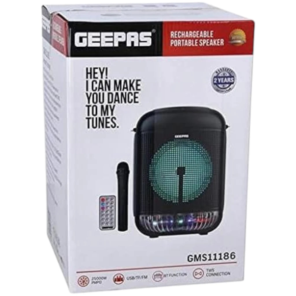 Geepas Rechargeable Portable Bluetooth Speaker – 1800mAh Battery, Dual Bass Speakers, TWS Function, FM/USB/AUX/BT/Micro SD Support, with Karaoke Mic & LED Lights - Damoo