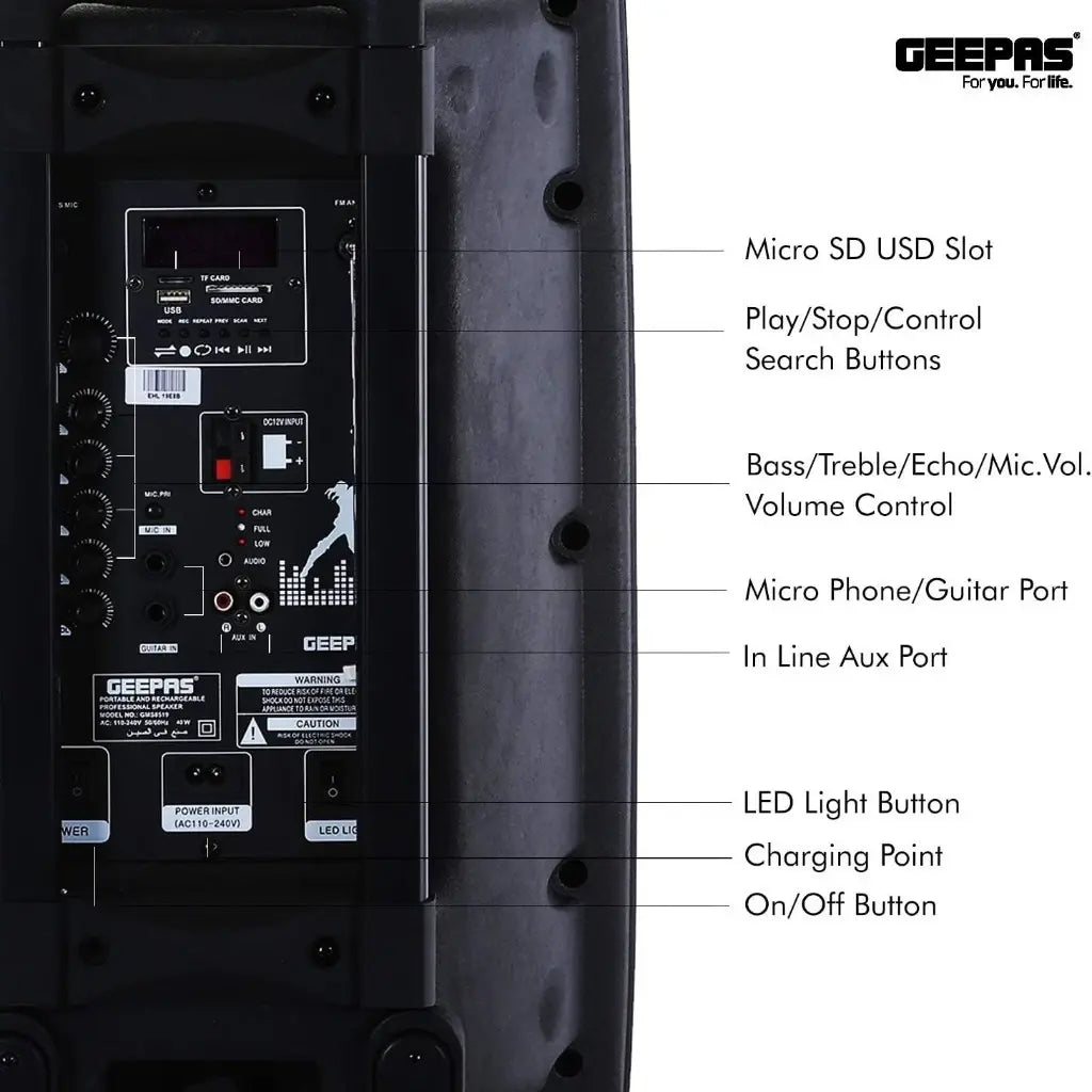 Geepas Rechargeable Trolley Bluetooth Speaker with 12β Woofer, Wireless Microphones, LED Disco Lights, FM Radio, USB/SD, Remote Control β GMS8519 - Damoo