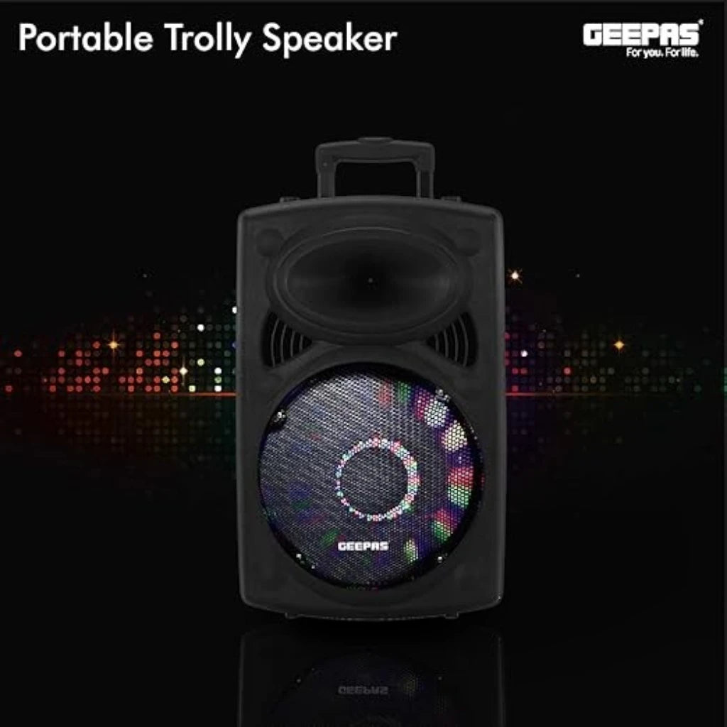 Geepas Rechargeable Trolley Bluetooth Speaker with 12β Woofer, Wireless Microphones, LED Disco Lights, FM Radio, USB/SD, Remote Control β GMS8519 - Damoo