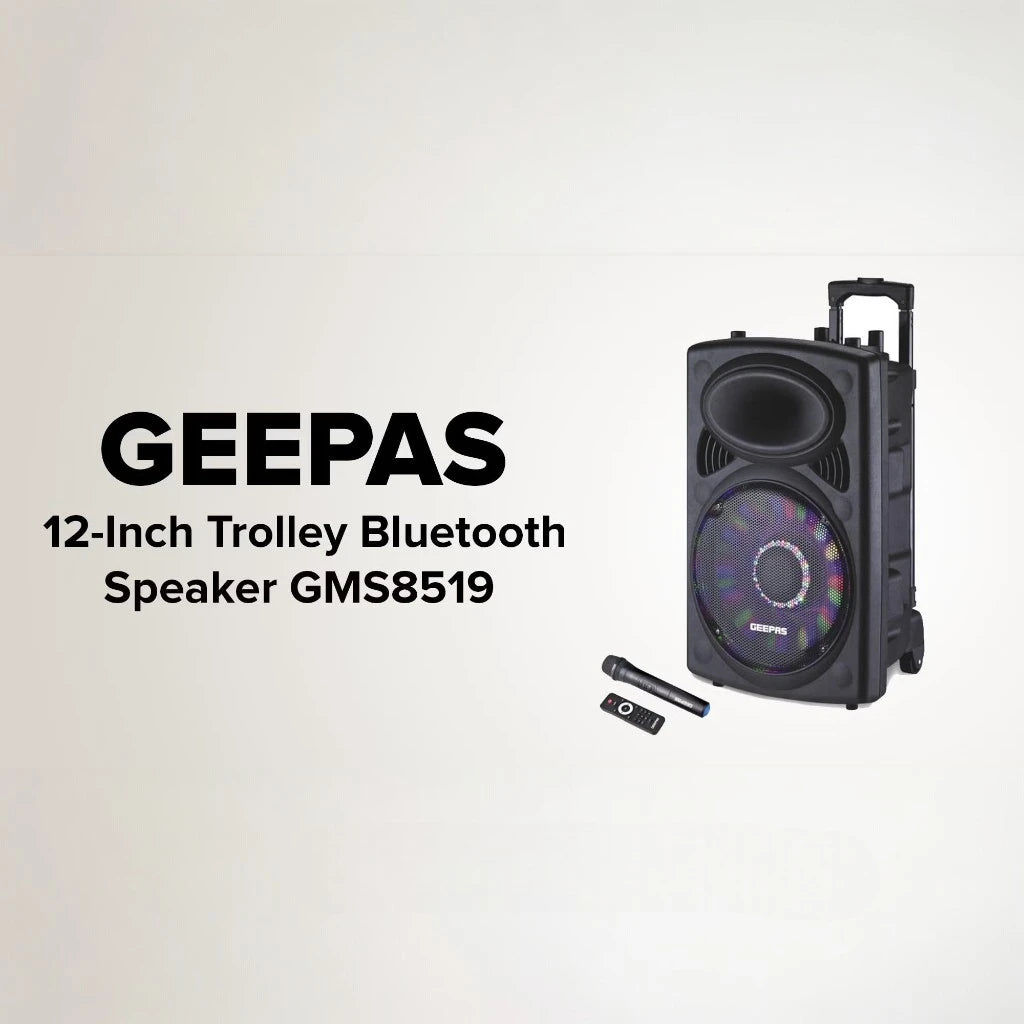 Geepas Rechargeable Trolley Bluetooth Speaker with 12β Woofer, Wireless Microphones, LED Disco Lights, FM Radio, USB/SD, Remote Control β GMS8519 - Damoo
