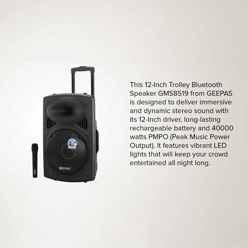 Geepas Rechargeable Trolley Bluetooth Speaker with 12β Woofer, Wireless Microphones, LED Disco Lights, FM Radio, USB/SD, Remote Control β GMS8519 - Damoo