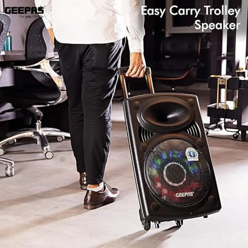 Geepas Rechargeable Trolley Bluetooth Speaker with 12β Woofer, Wireless Microphones, LED Disco Lights, FM Radio, USB/SD, Remote Control β GMS8519 - Damoo
