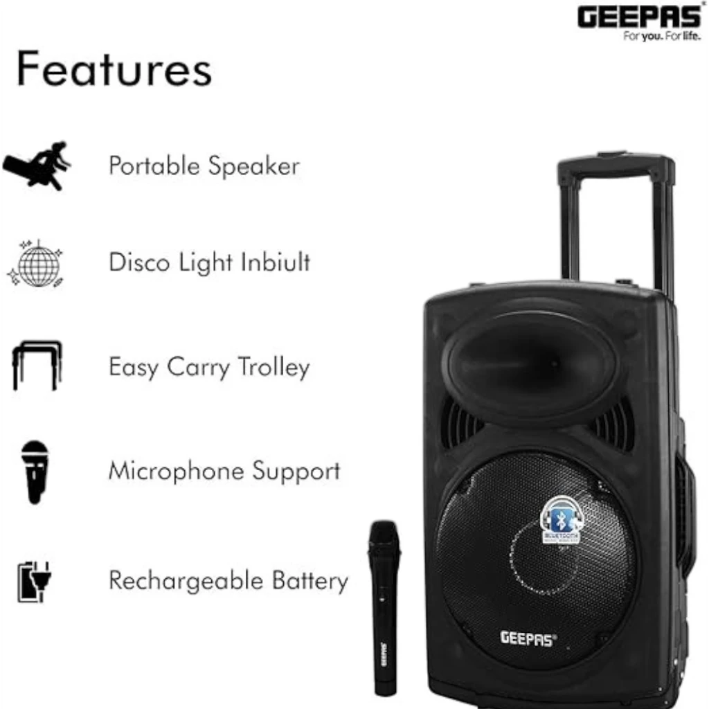 Geepas Rechargeable Trolley Bluetooth Speaker with 12β Woofer, Wireless Microphones, LED Disco Lights, FM Radio, USB/SD, Remote Control β GMS8519 - Damoo