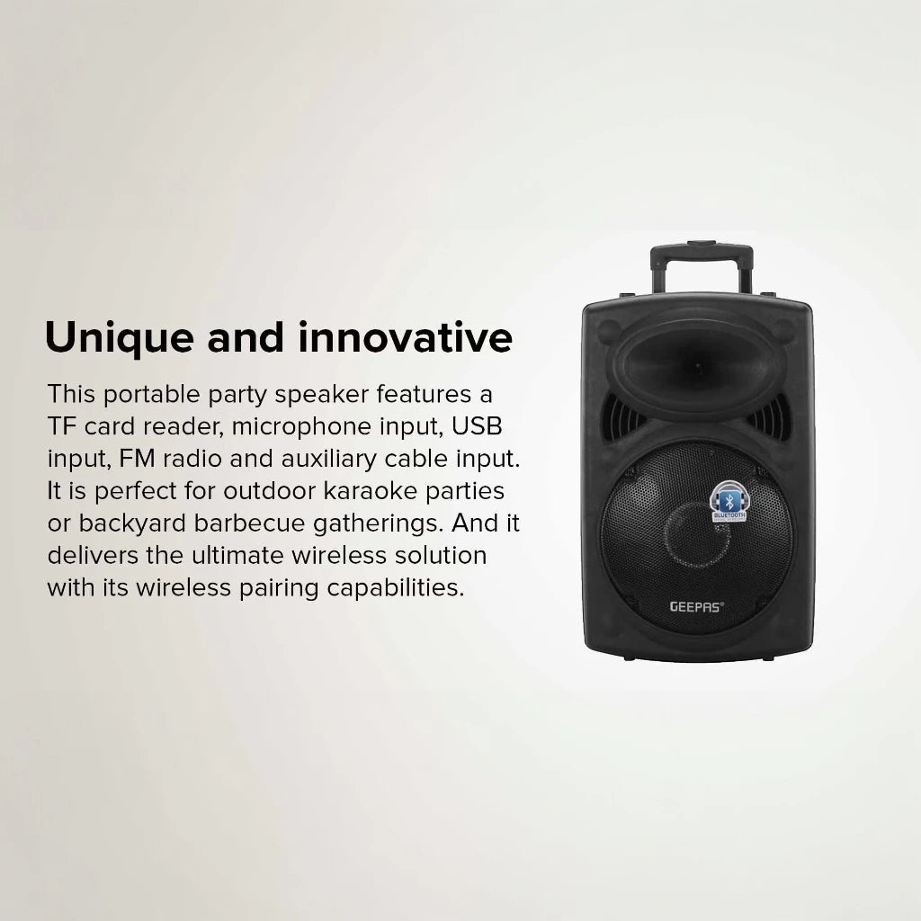 Geepas Rechargeable Trolley Bluetooth Speaker with 12β Woofer, Wireless Microphones, LED Disco Lights, FM Radio, USB/SD, Remote Control β GMS8519 - Damoo