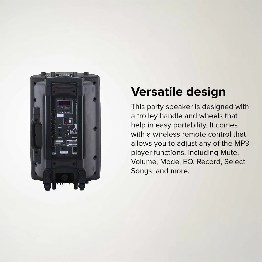 Geepas Rechargeable Trolley Bluetooth Speaker with 12β Woofer, Wireless Microphones, LED Disco Lights, FM Radio, USB/SD, Remote Control β GMS8519 - Damoo